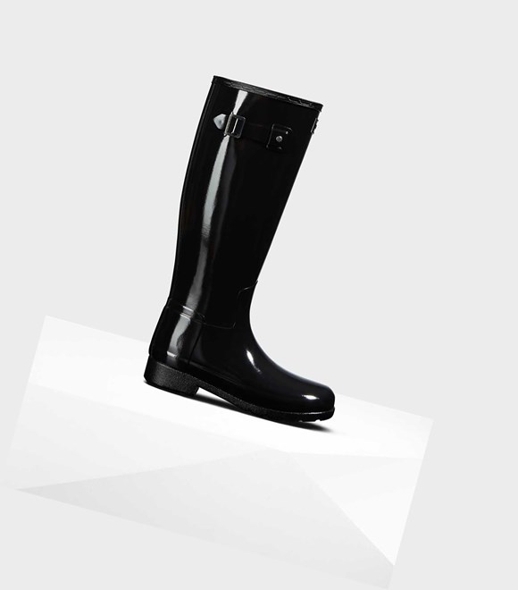 Hunter Original Refined Gloss Wellington Hohe Stiefel Damen Schwarz | SQGWHJ591