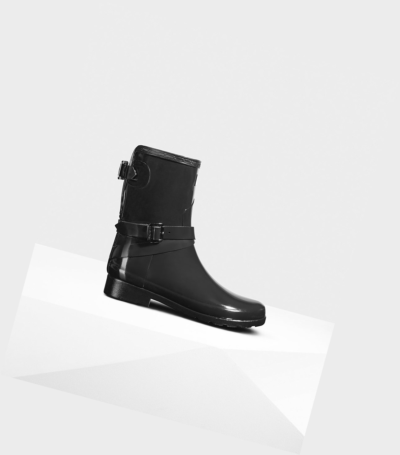 Hunter Refined Adjustable Gloss Kurze Stiefel Damen Schwarz | DQJBRI894