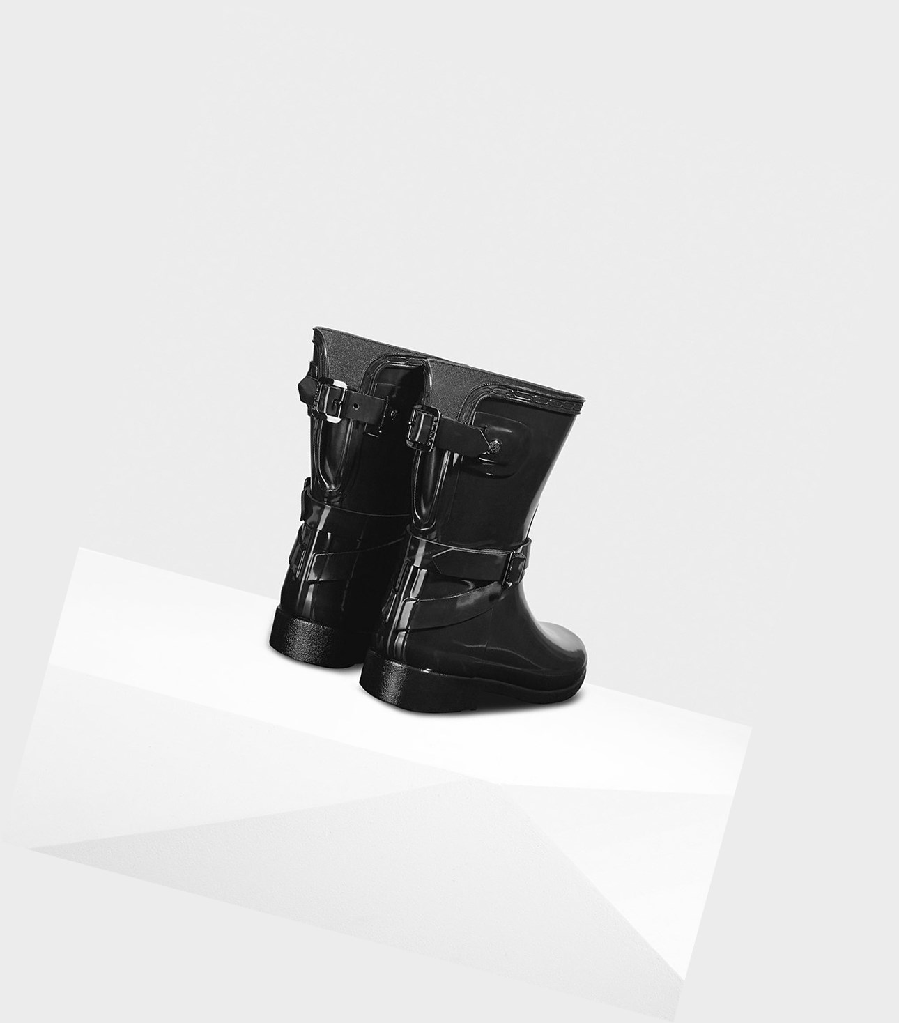 Hunter Refined Adjustable Gloss Kurze Stiefel Damen Schwarz | DQJBRI894