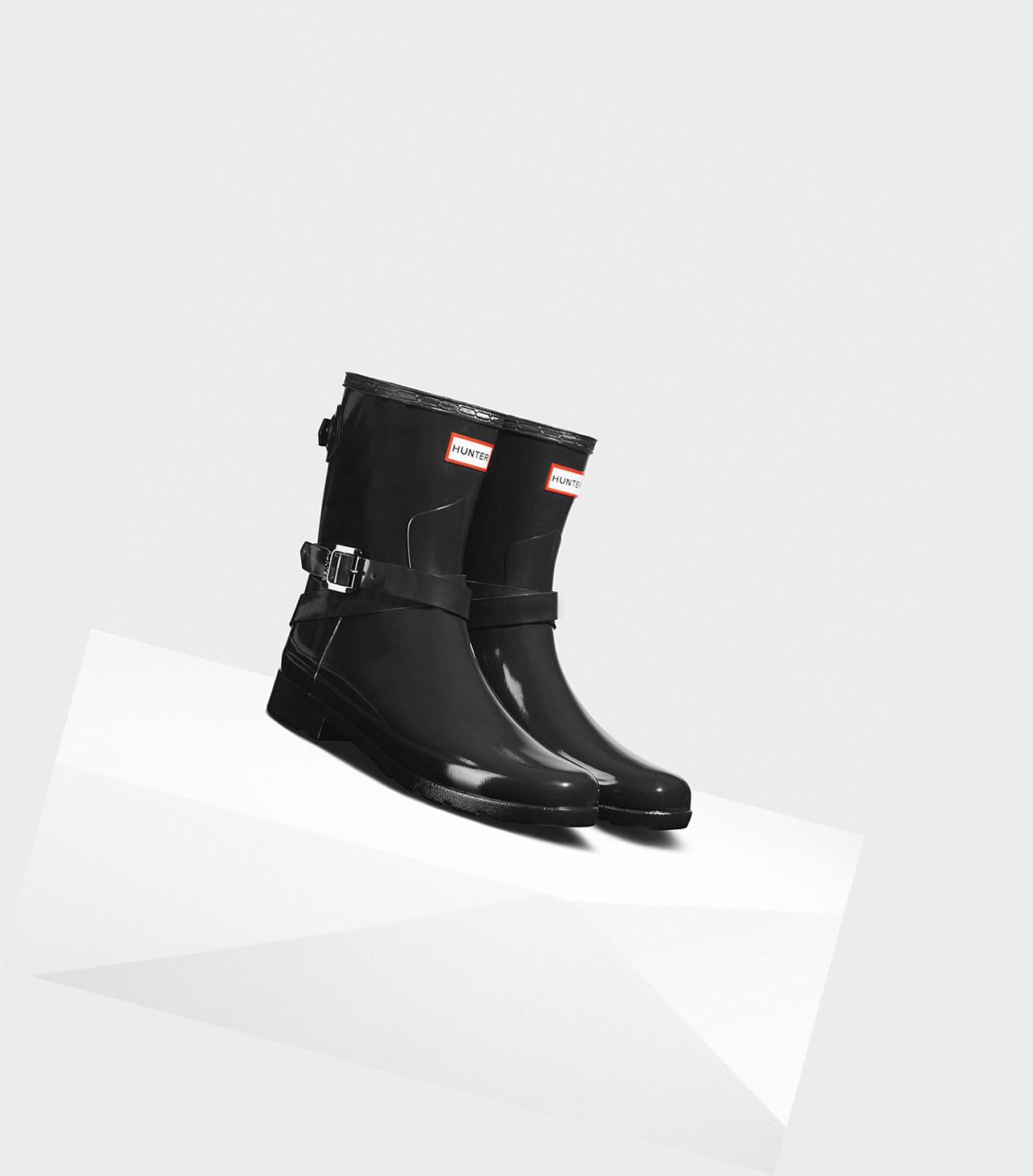 Hunter Refined Adjustable Gloss Kurze Stiefel Damen Schwarz | DQJBRI894