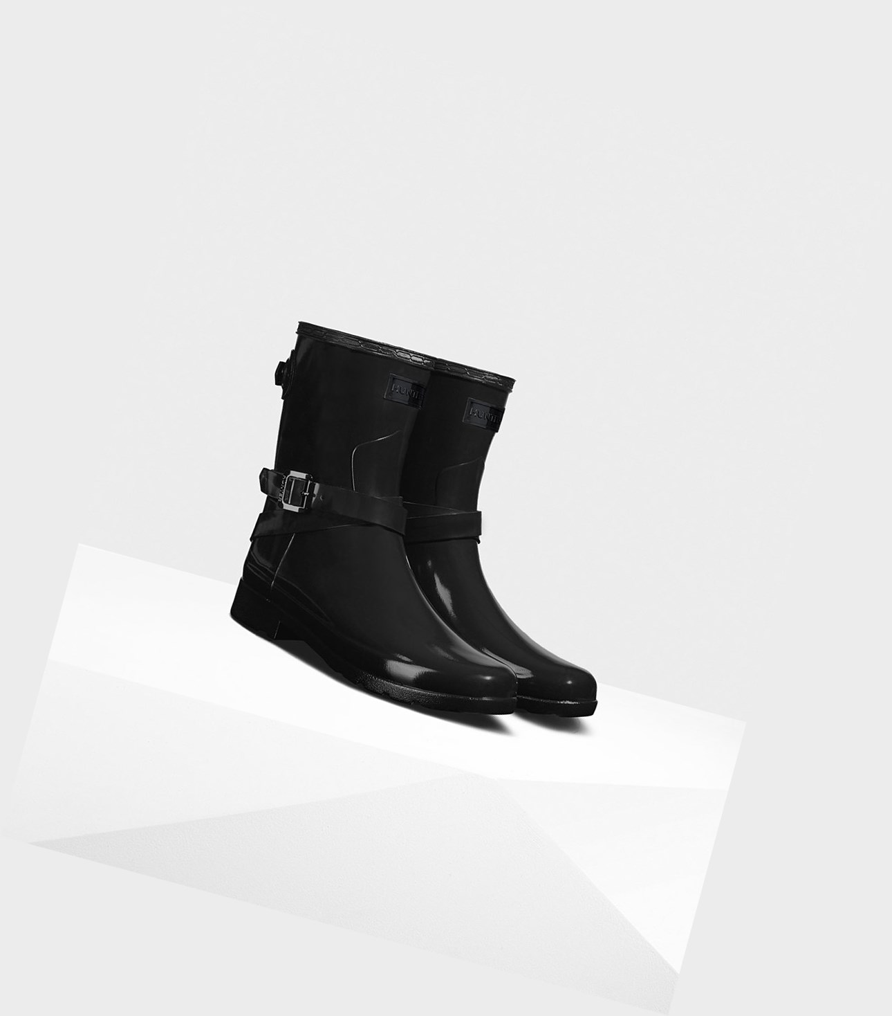 Hunter Refined Slim Fit Adjustable Gloss Kurze Stiefel Damen Schwarz | WKGYEV071