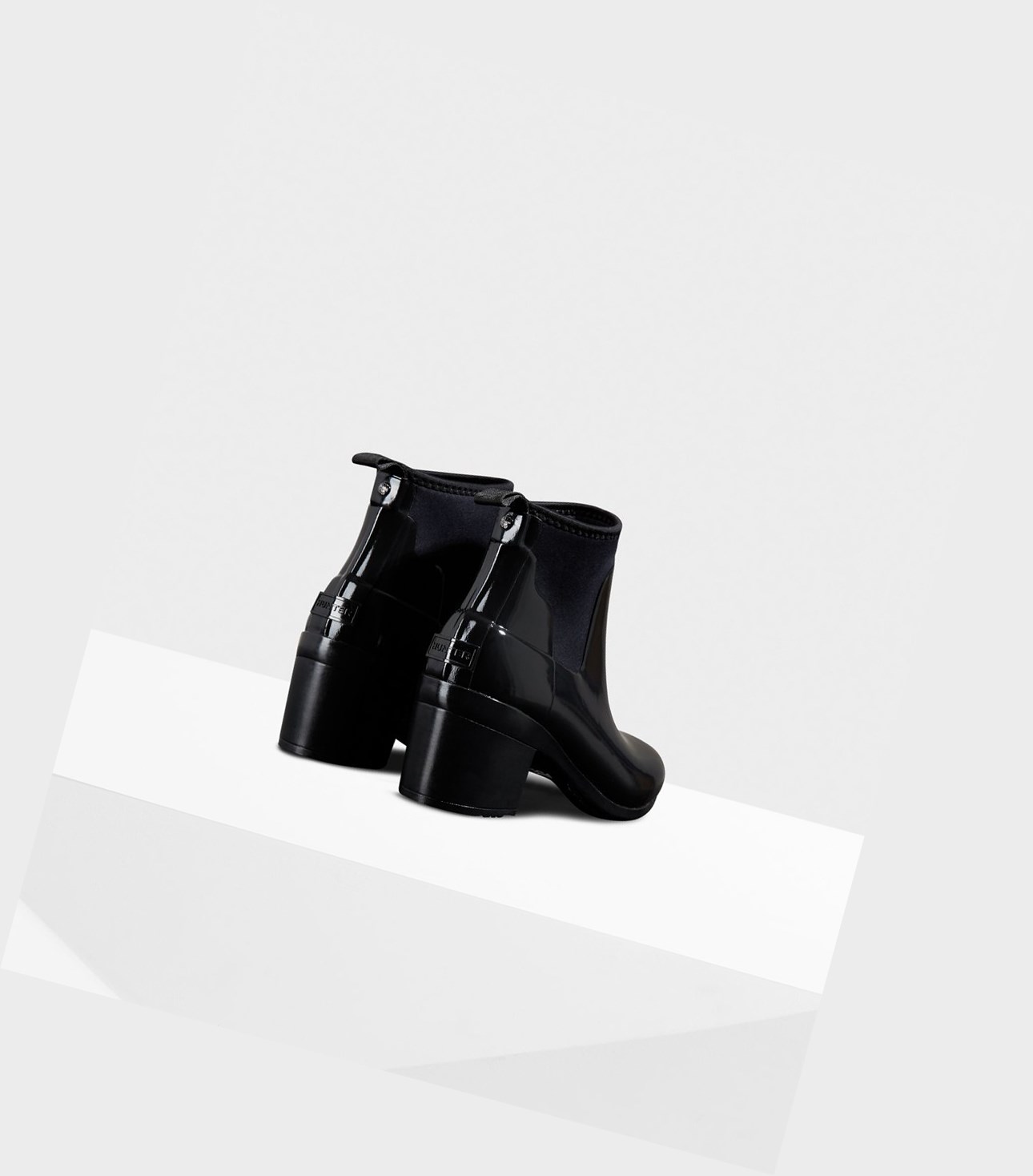 Hunter Refined Slim Fit Gloss Mid Stiefel mit Absatz Damen Schwarz | BJFCEL418